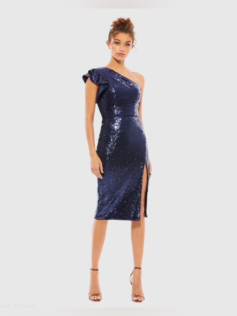 Ieena For Mac Duggal 70162 Sequin One Shoulder Midi Dress Midnight Blue 8